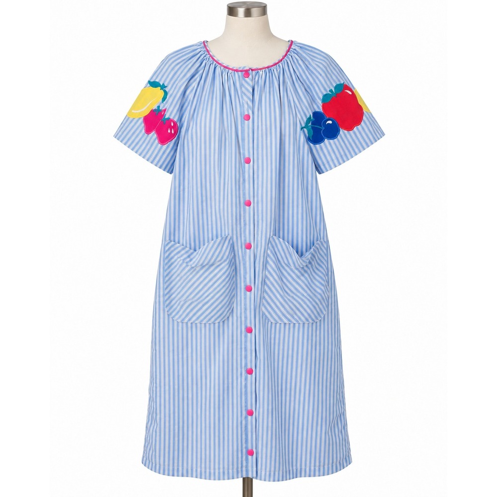 Intime Brownstone Studio House Dress Womens M Blue Striped Fruit Applique Good